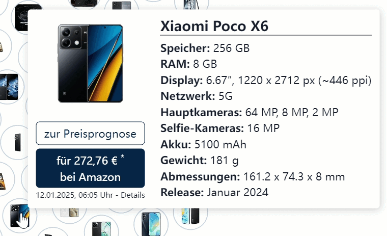 Fahre mit der Maus über ein Smartphone und du siehst alle wichtigen Spezifikationen des Geräts.